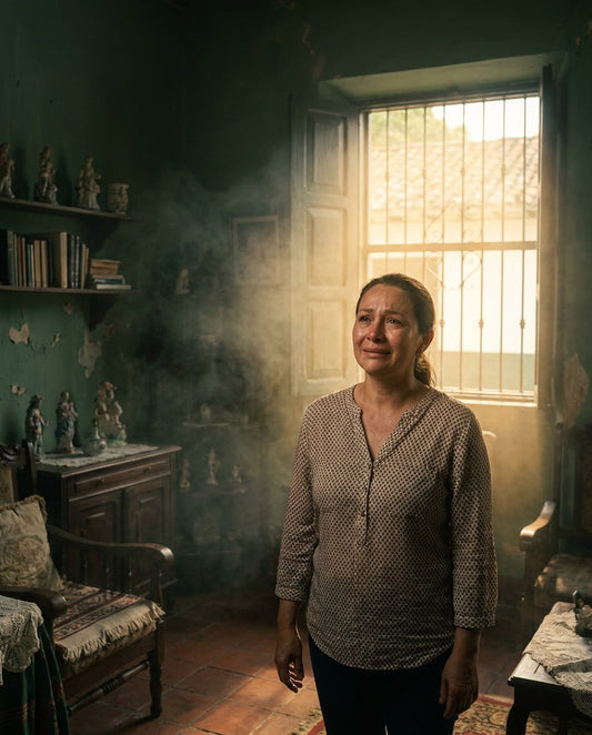 Mujer en su casa mientras la energía pesada se disipa