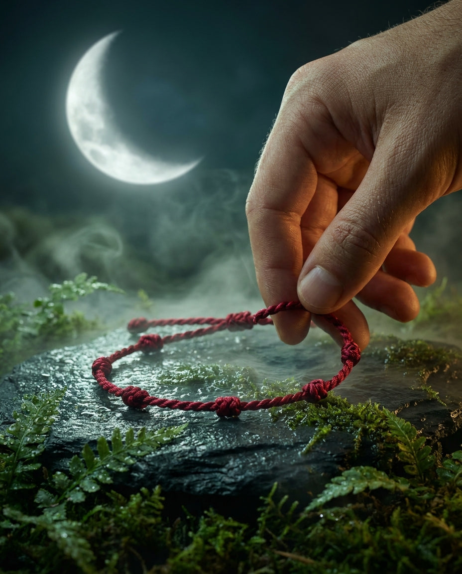 Tobillera de hilo rojo con siete nudos bajo la luna
