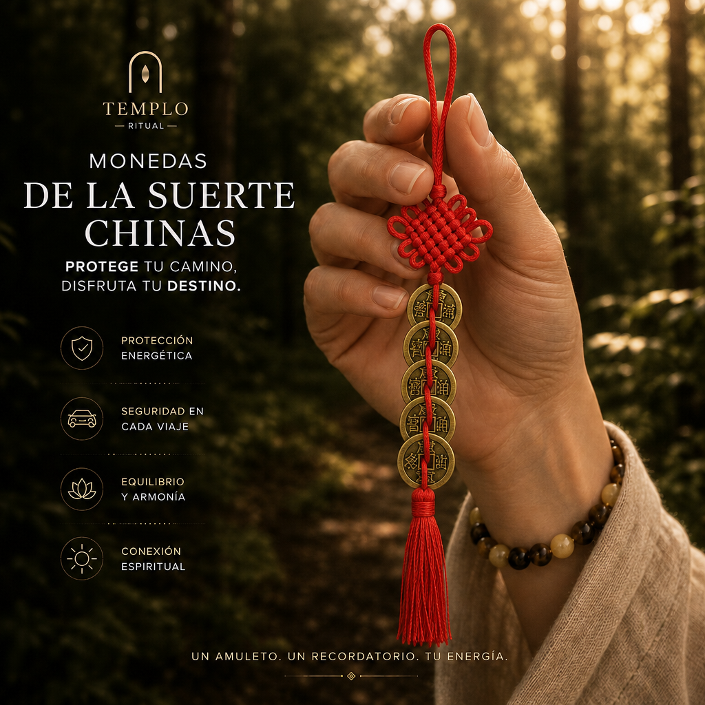 Mano sosteniendo el amuleto de monedas chinas con nudo místico e hilo rojo