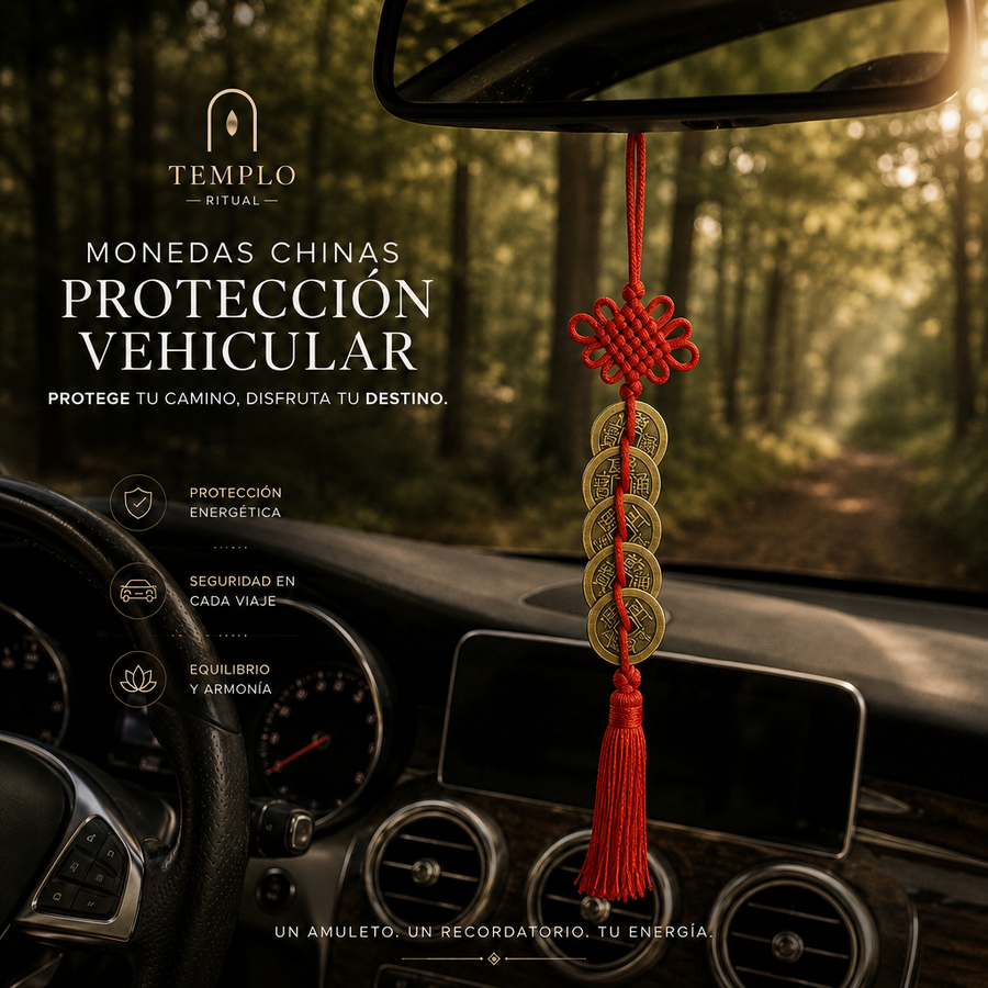 Amuleto monedas chinas de la fortuna colgado del espejo retrovisor del carro