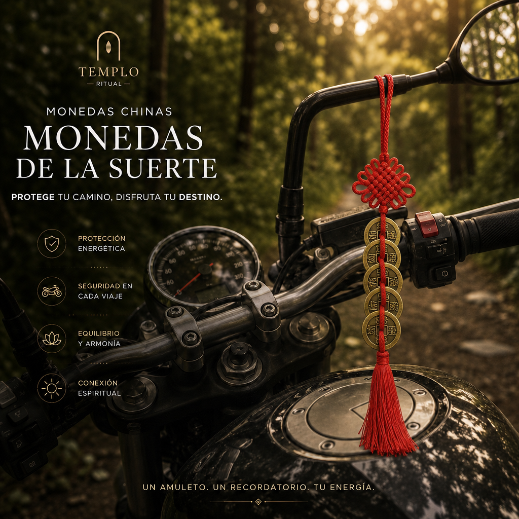 Amuleto de 5 monedas de la fortuna colgado en el manubrio de una moto